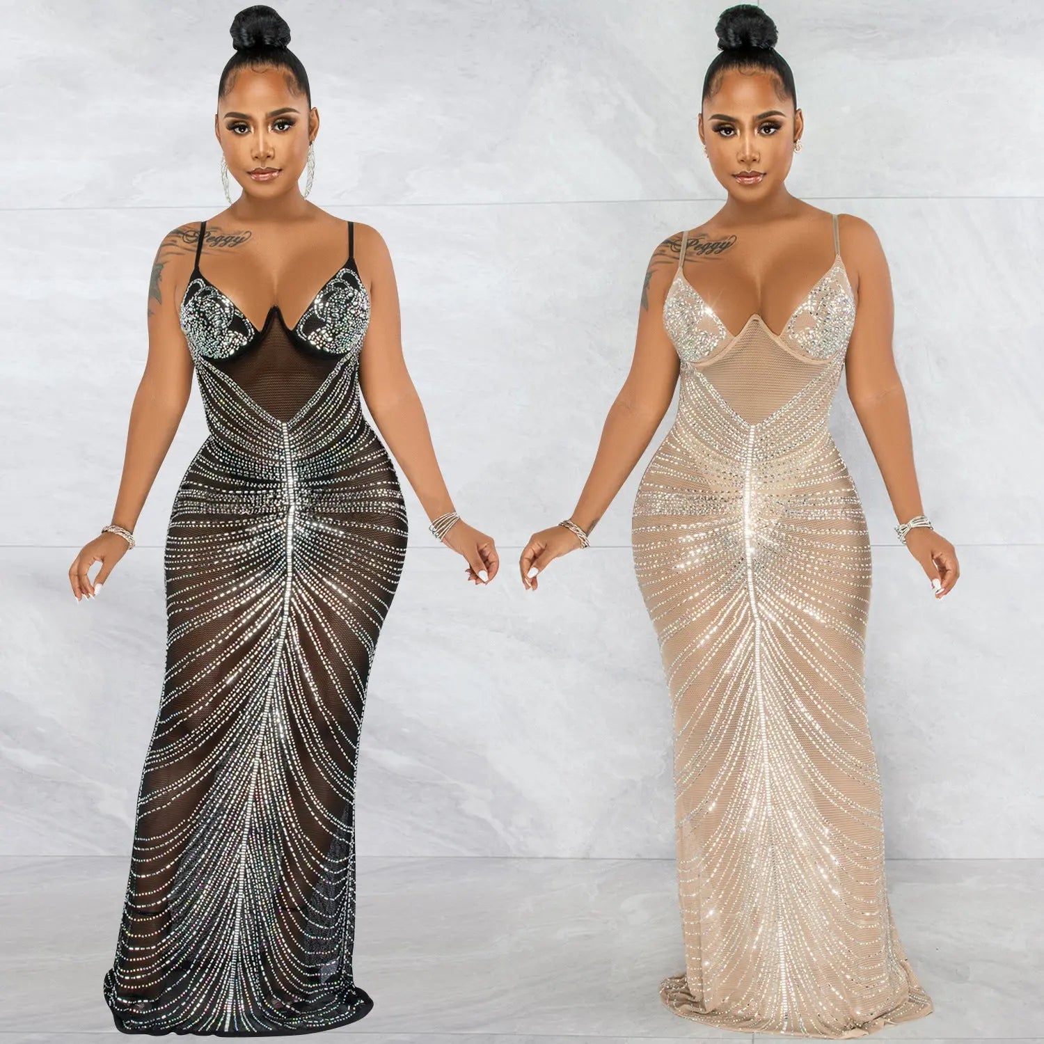 Beaded Strapless Mesh Long Dress - DEA collection