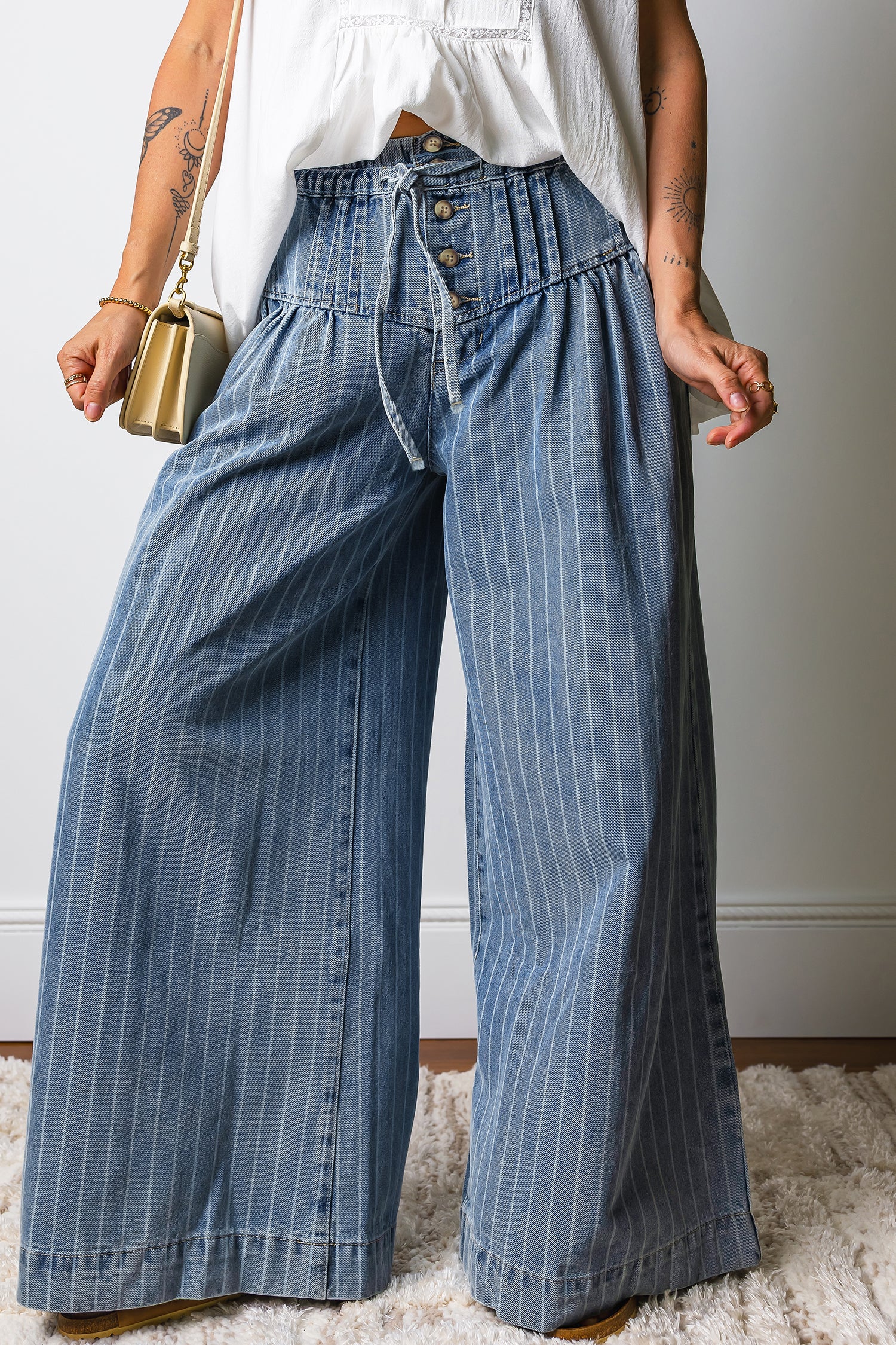 Stripe Pleated Wide Leg Jeans