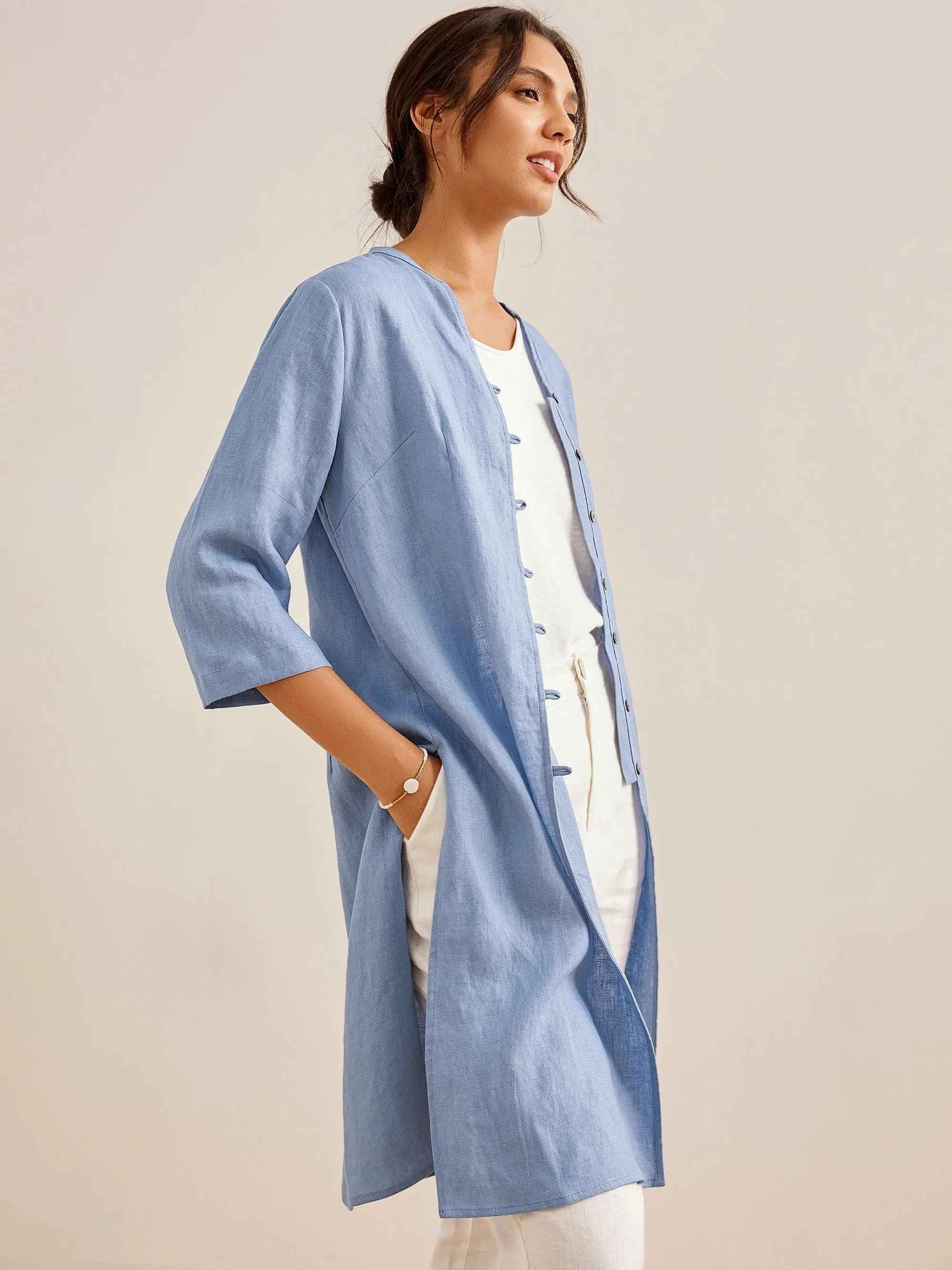 100% Linen Hand Button Long Top DILLON