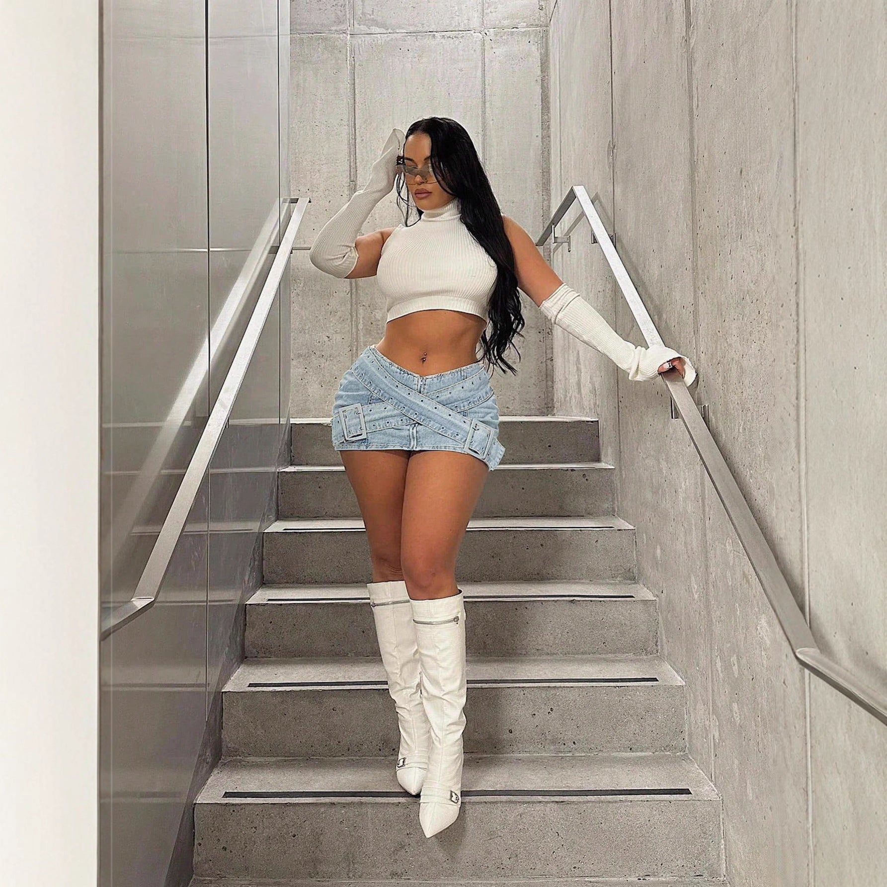 Fashionable Light Blue Denim Mini Skirt with Cross-Over Buckle Design, Bodycon Style - DEA collection