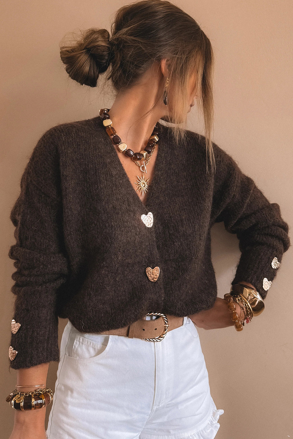 Metallic Heart Button Knit Cardigan