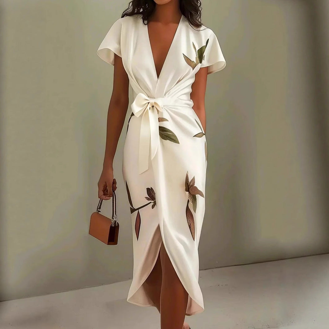 European And American V-neck Short-sleeved Lace-up Digital Printed Dress - DEA collection