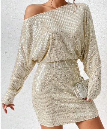Fashion Oblique Shoulder Sequins Dress Ins Long-sleeved Dresses For Party Women's Clothing - DEA collection