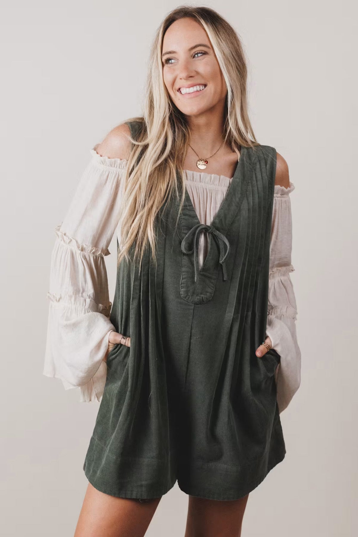 Cinnamon Solid Color Tie V Neck Sleeveless Corduroy Romper