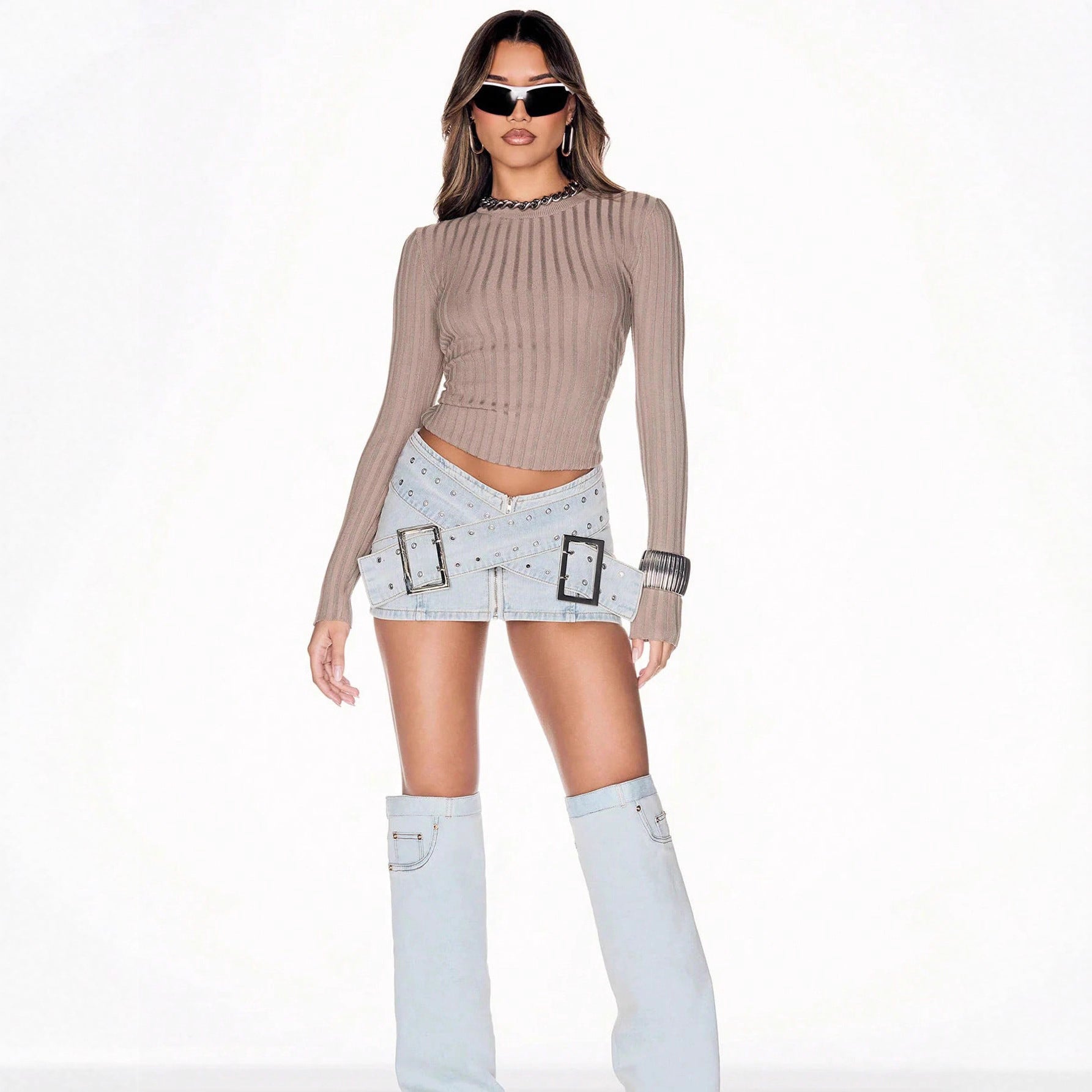 Fashionable Light Blue Denim Mini Skirt with Cross-Over Buckle Design, Bodycon Style - DEA collection