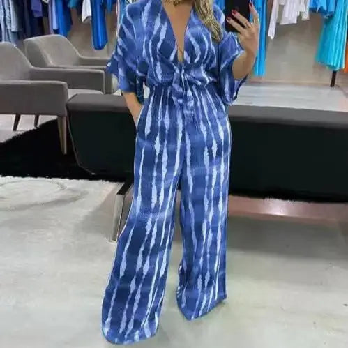 Style Printed Five-Quarter Sleeve V-Neck One-Piece Jumpsuit - DEA collection