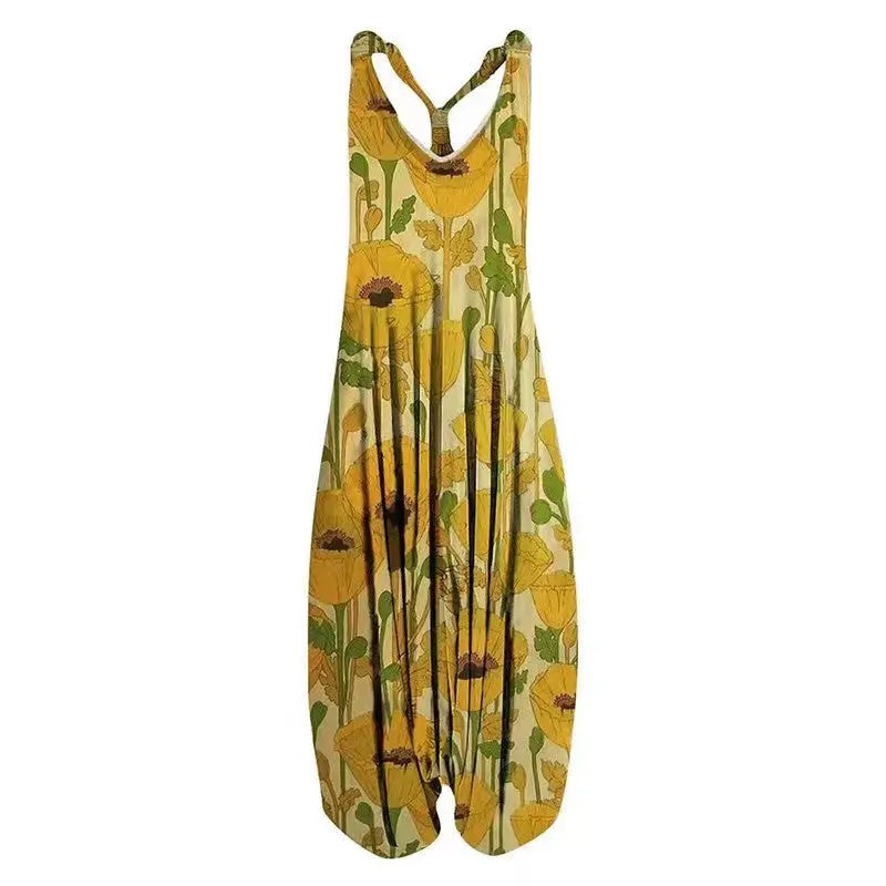 Casual SexyPrinted Sleeveless Loose Knit Cotton Blend Overalls Pants - DEA collection
