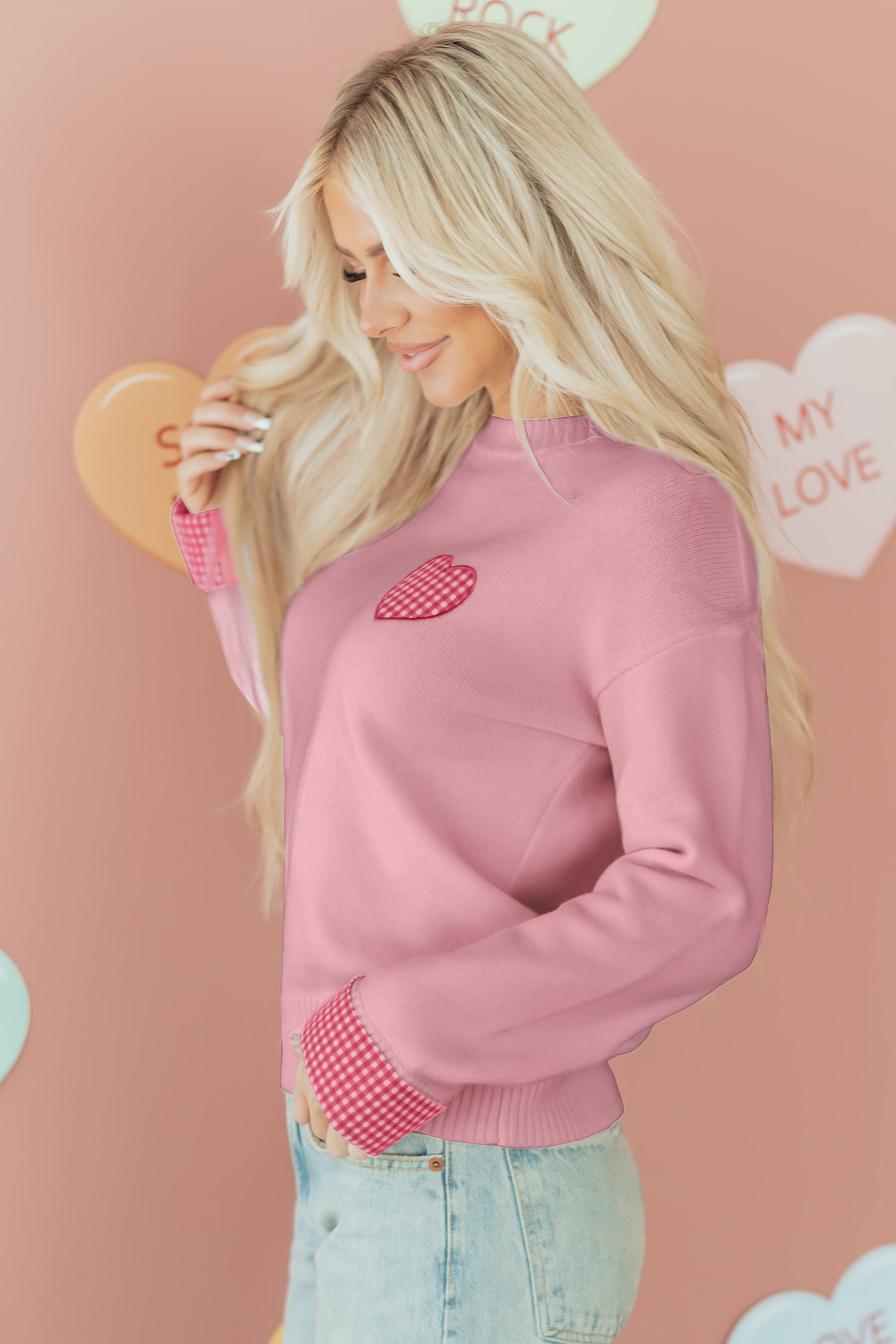 Light Pink Plaid Heart Embroidered