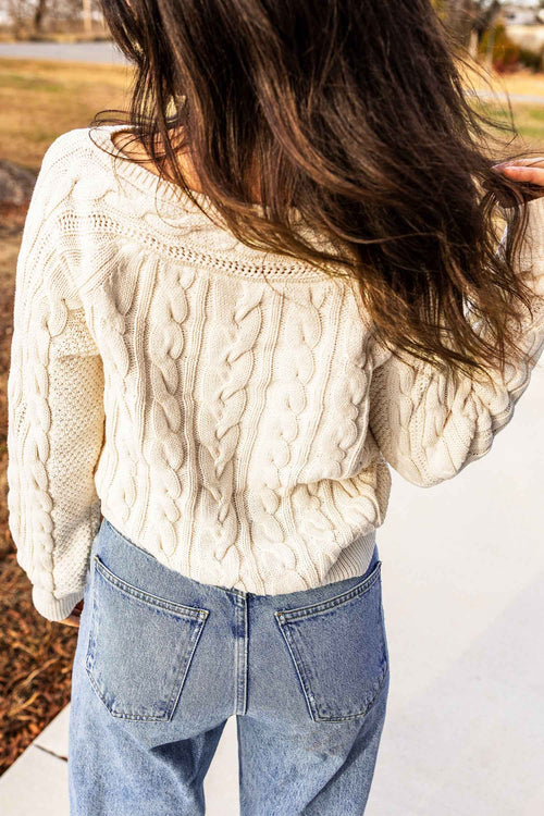 Beige Drop Shoulder Round Neck Cable Knit Sweater