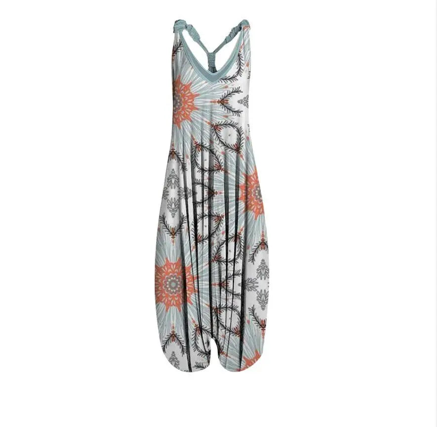 Casual SexyPrinted Sleeveless Loose Knit Cotton Blend Overalls Pants - DEA collection