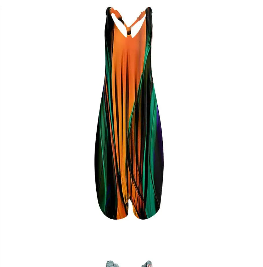 Casual SexyPrinted Sleeveless Loose Knit Cotton Blend Overalls Pants - DEA collection