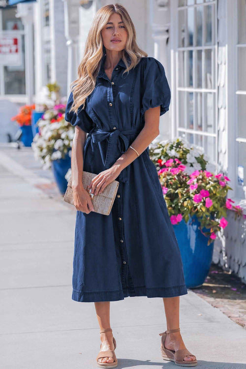 Bubble Sleeve Button Denim Dress