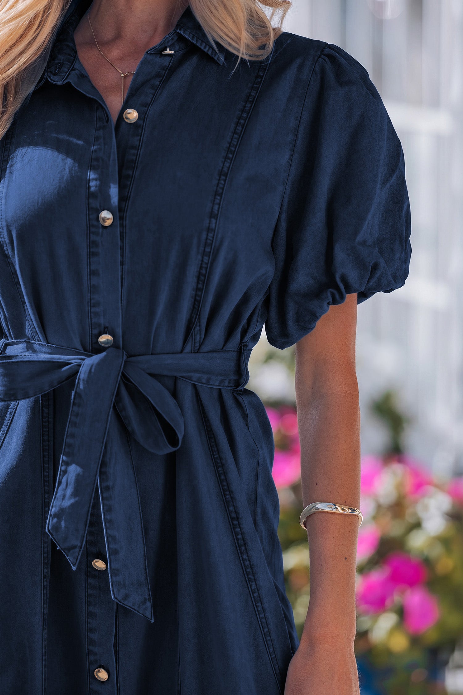 Bubble Sleeve Button Denim Dress