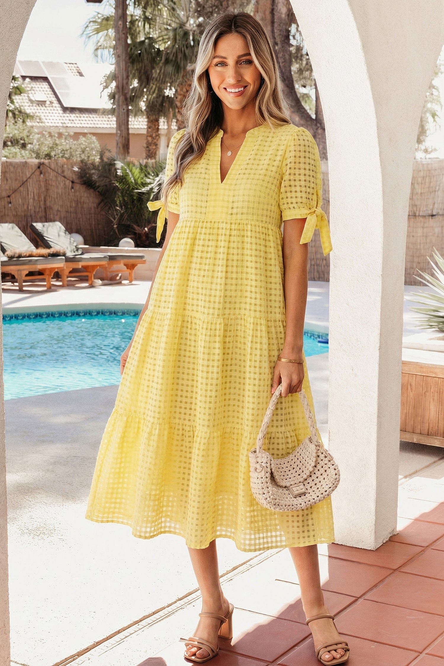 Gingham Bow Tie Tiered Midi Dress