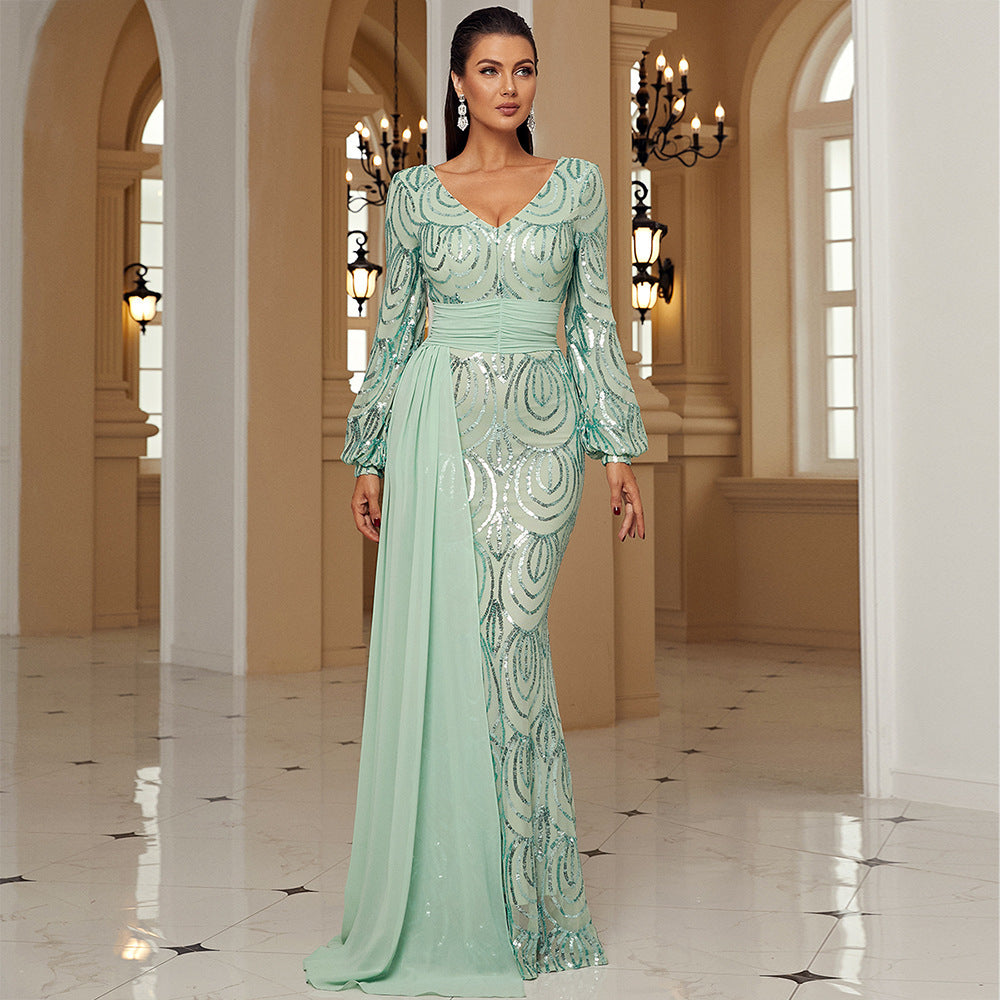Long Sleeve Sexy Long Sequined V-neck Banquet Ribbon Evening Dress - DEA collection