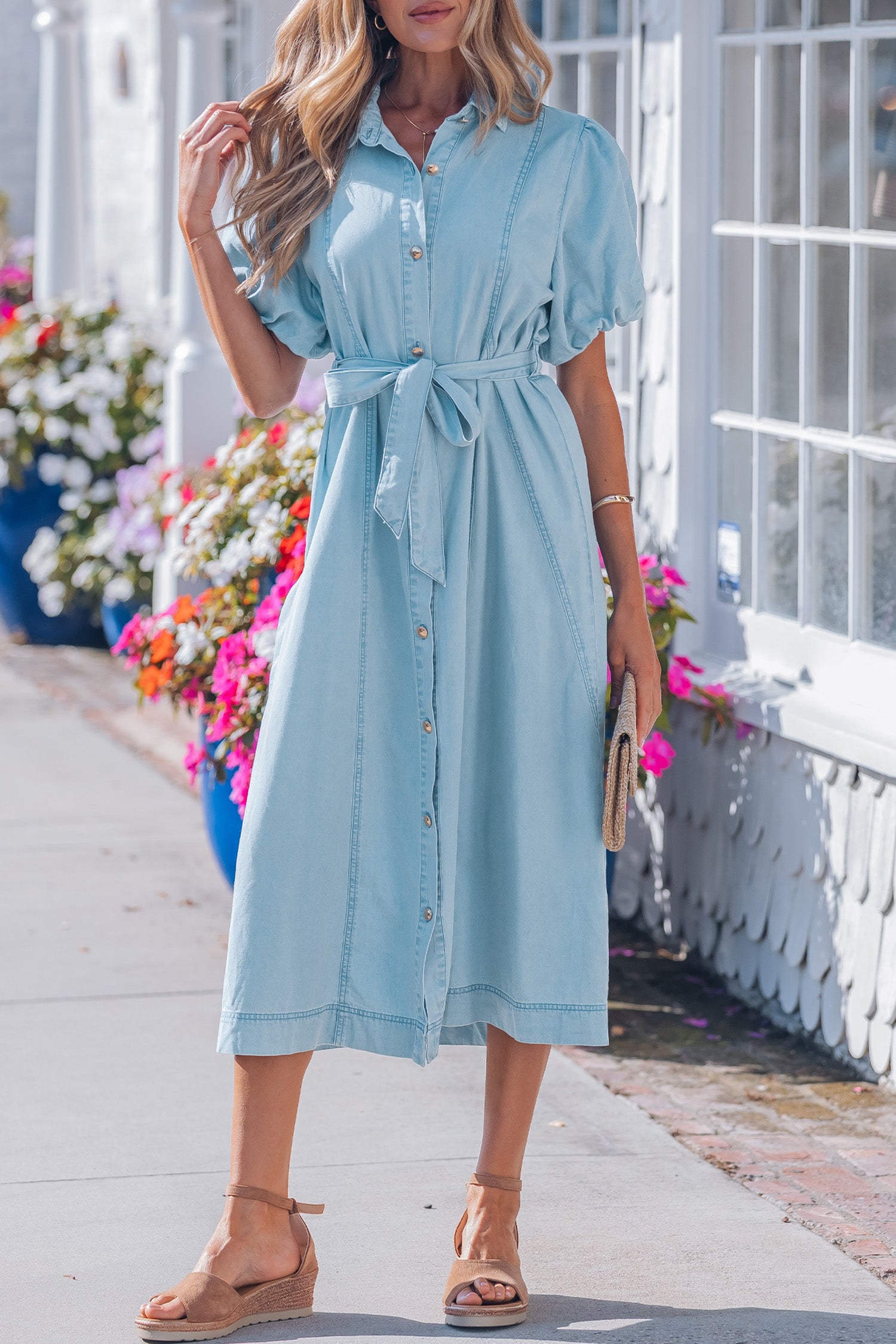 Bubble Sleeve Button Denim Dress
