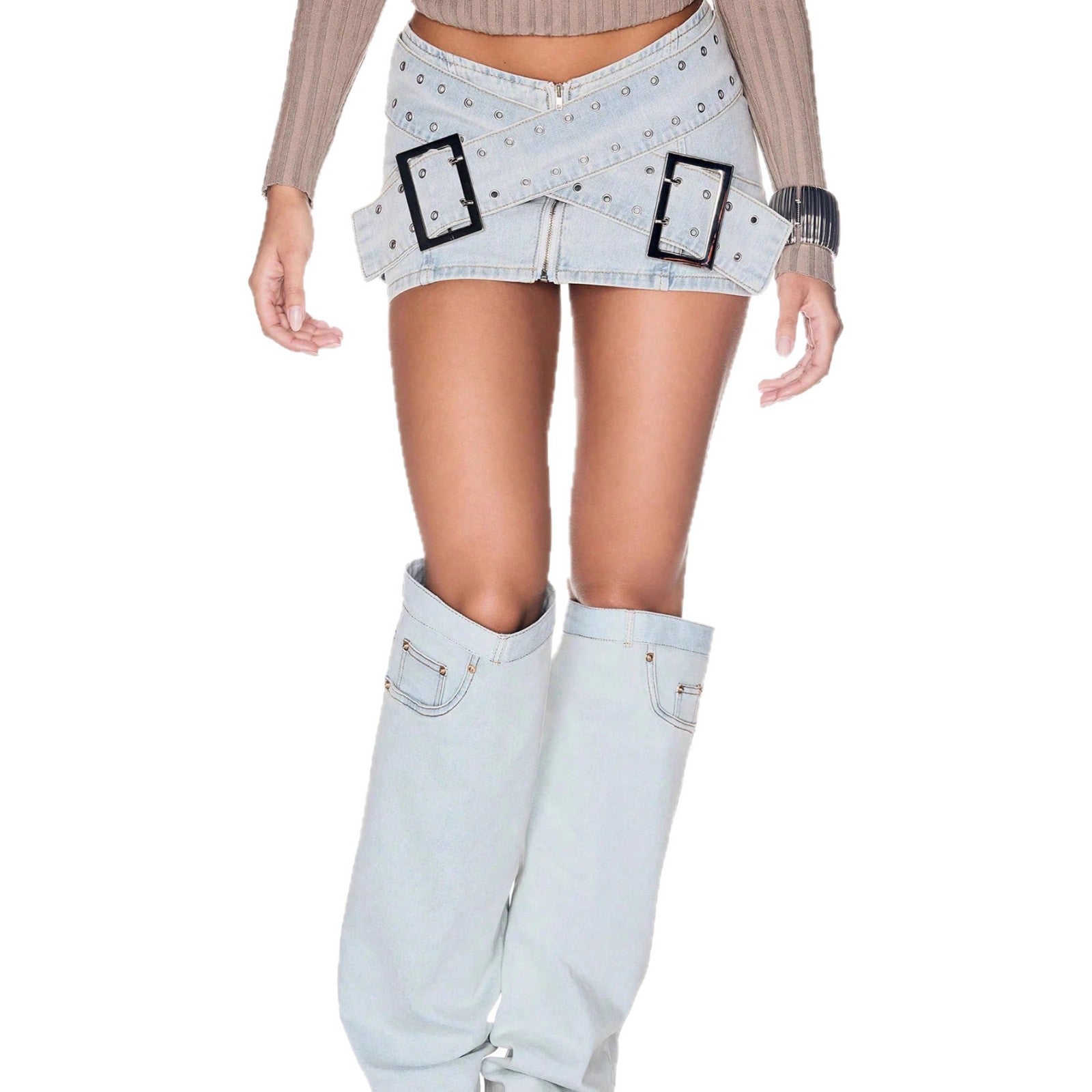 Fashionable Light Blue Denim Mini Skirt with Cross-Over Buckle Design, Bodycon Style - DEA collection