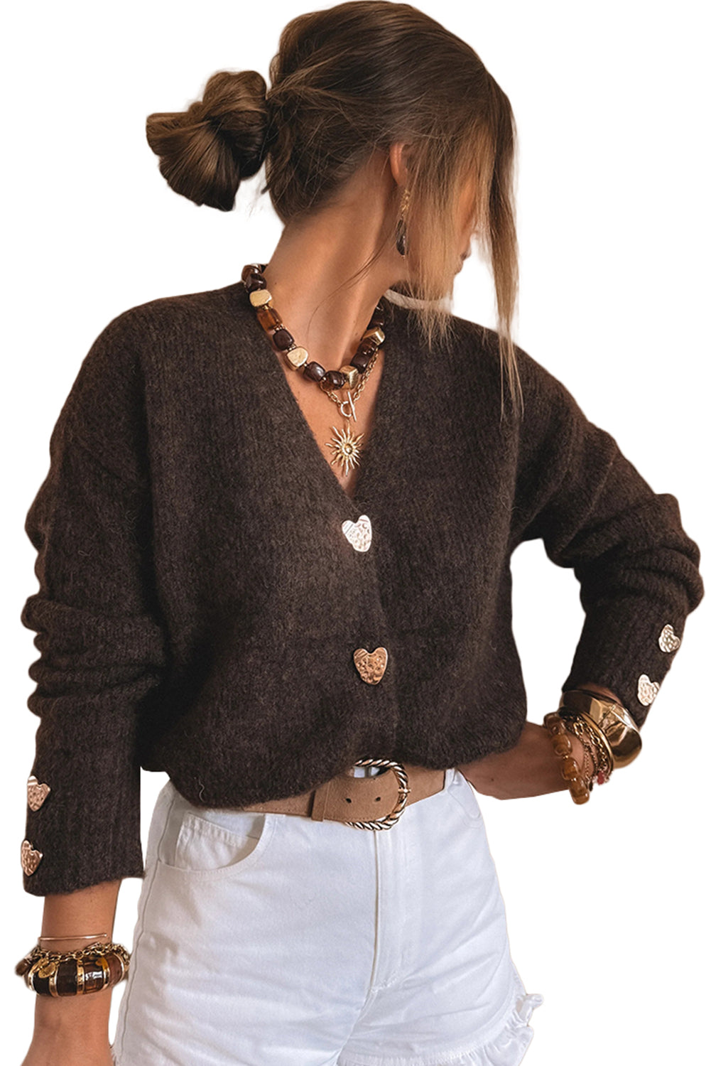 Metallic Heart Button Knit Cardigan