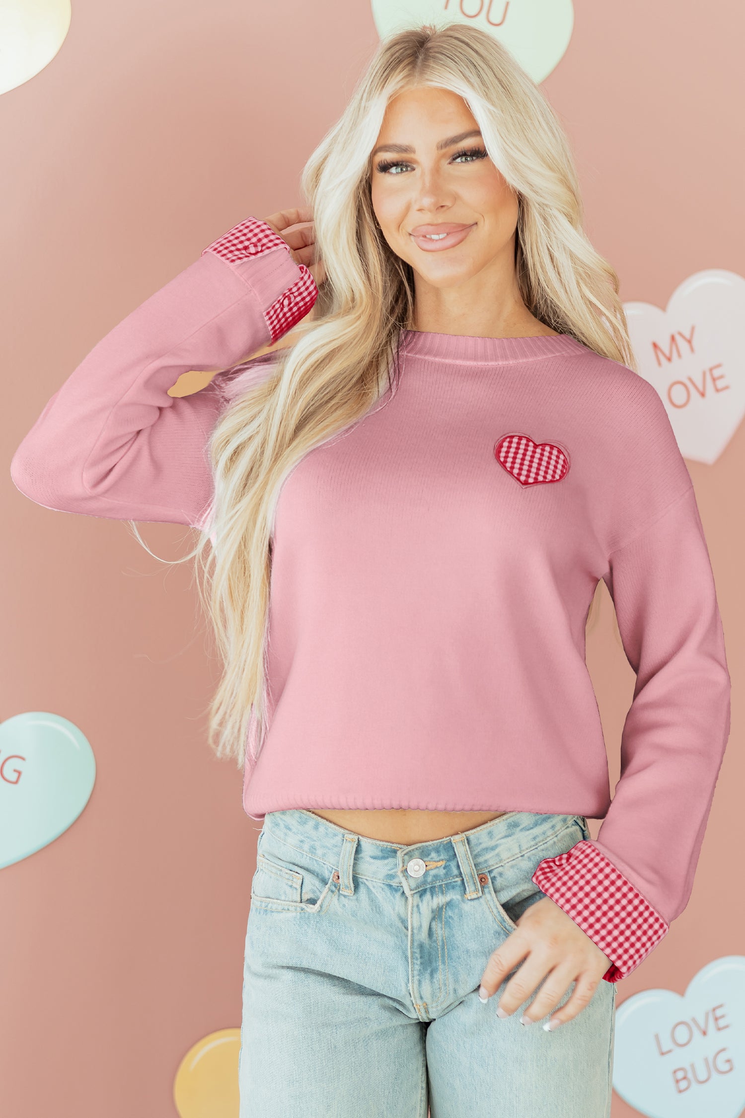 Light Pink Plaid Heart Embroidered