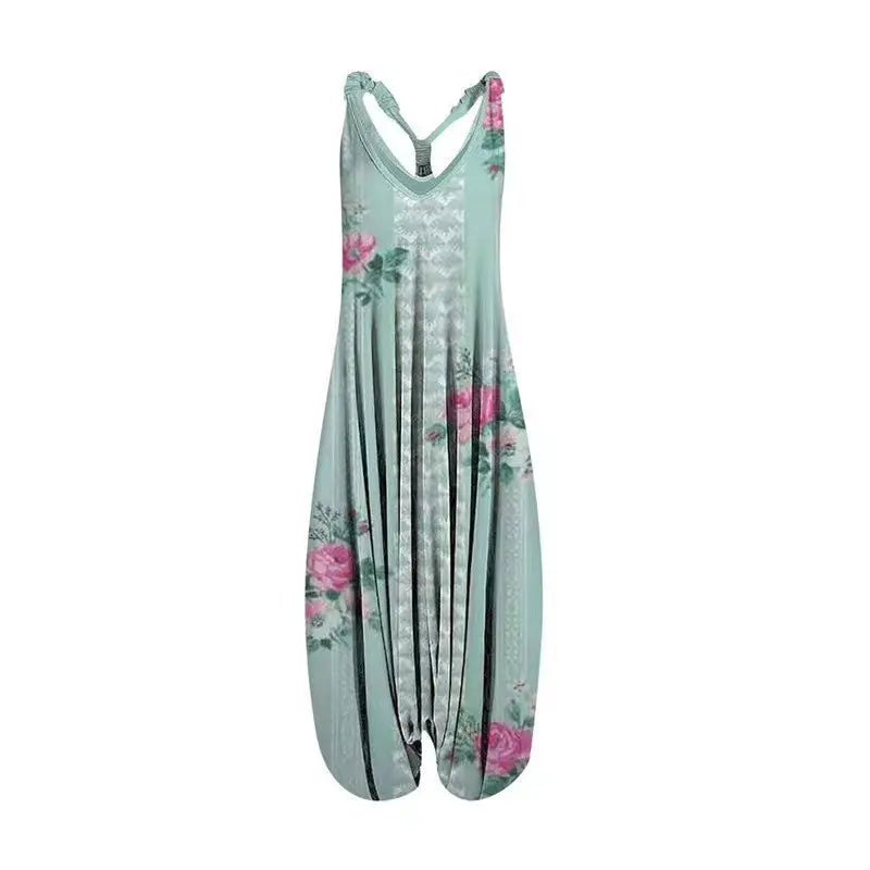 Casual SexyPrinted Sleeveless Loose Knit Cotton Blend Overalls Pants - DEA collection