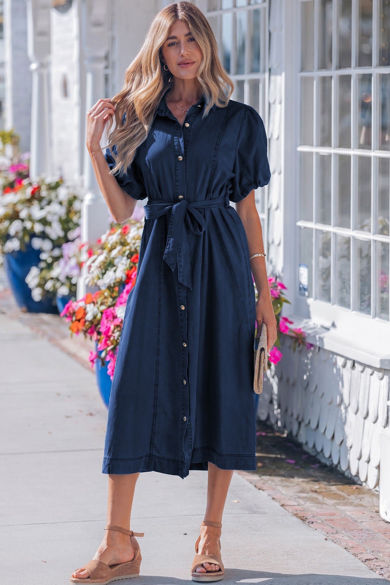 Bubble Sleeve Button Denim Dress