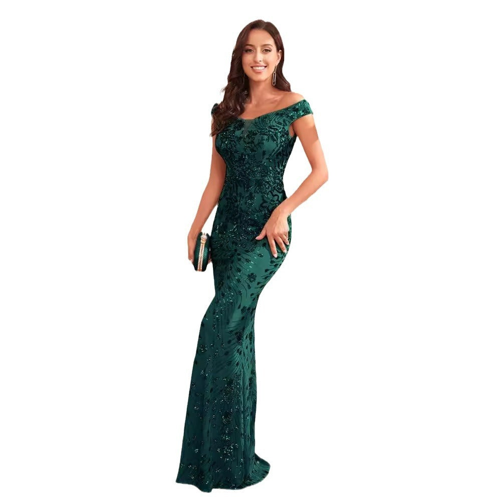 Green Sequined Sexy High Waist Fishtail Long Evening Dress - DEA collection