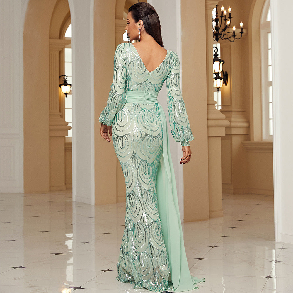 Long Sleeve Sexy Long Sequined V-neck Banquet Ribbon Evening Dress - DEA collection