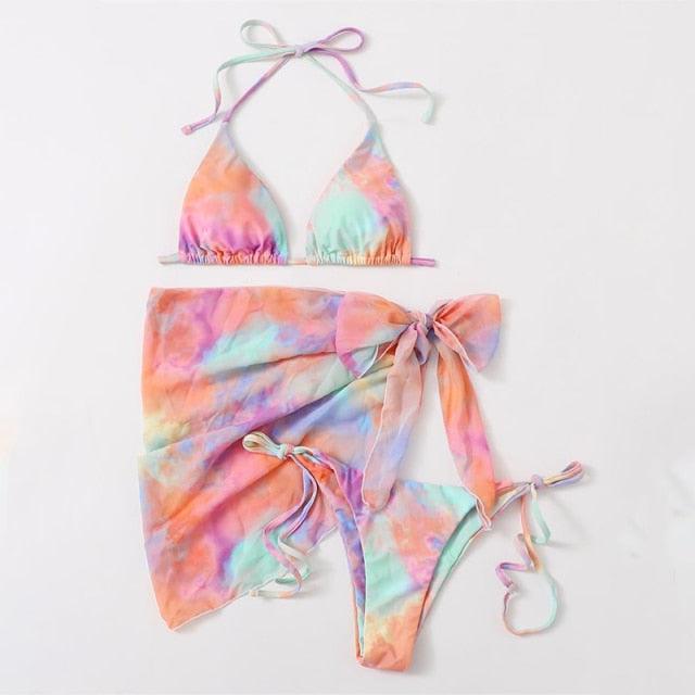 3 Piece Women Bikini Modern Swimsuit Women High Cut  Suit Halter Swimwear Women's Bikini Swimsuits With Wrap Skirt Lace Up Pieces Strings High Cut Bikini Set Bathing Suits Female Triangle Backless Bathing Suit - DEA collection