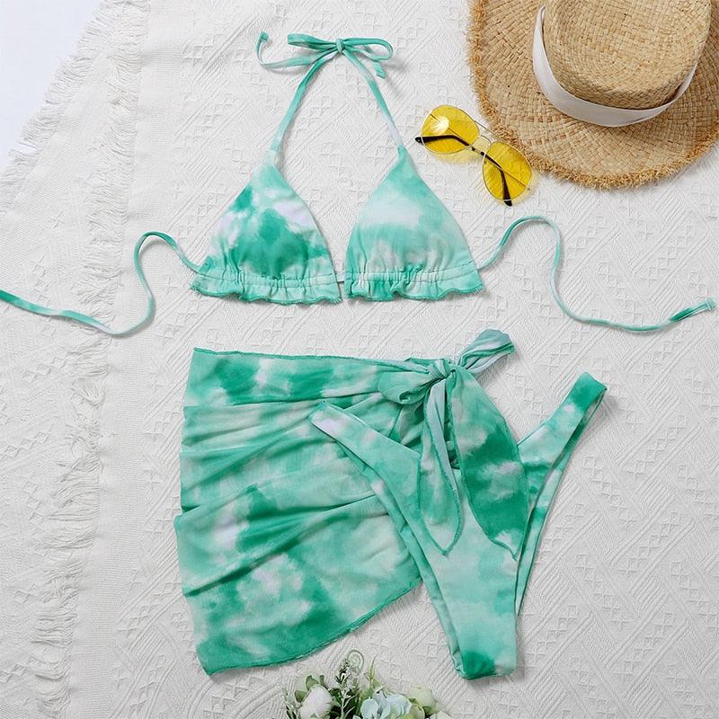 3 Piece Women Bikini Modern Swimsuit Women High Cut  Suit Halter Swimwear Women's Bikini Swimsuits With Wrap Skirt Lace Up Pieces Strings High Cut Bikini Set Bathing Suits Female Triangle Backless Bathing Suit - DEA collection