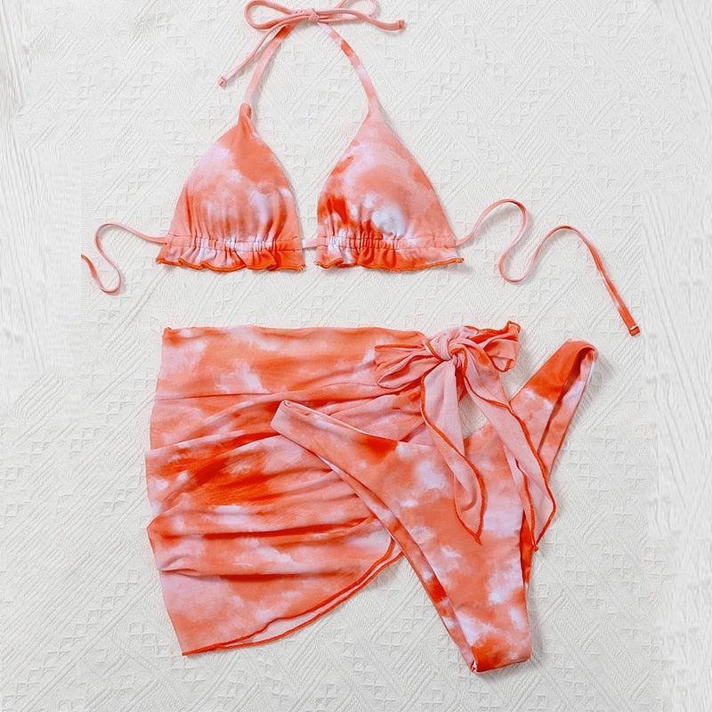 3 Piece Women Bikini Modern Swimsuit Women High Cut  Suit Halter Swimwear Women's Bikini Swimsuits With Wrap Skirt Lace Up Pieces Strings High Cut Bikini Set Bathing Suits Female Triangle Backless Bathing Suit - DEA collection