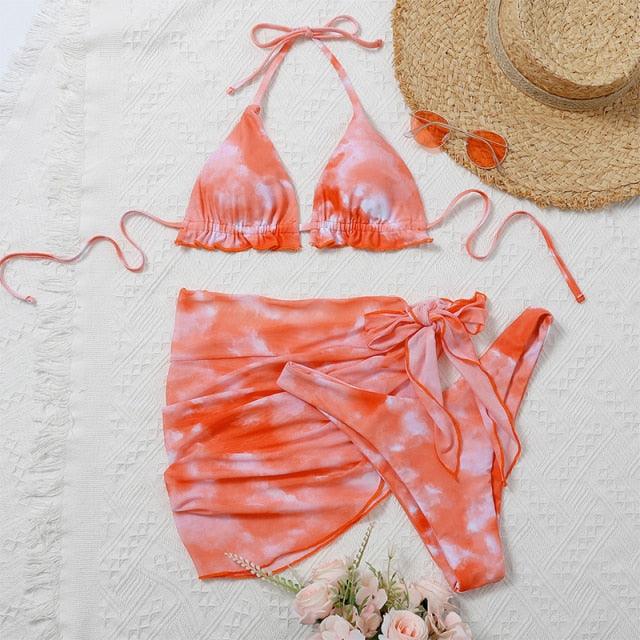 3 Piece Women Bikini Modern Swimsuit Women High Cut  Suit Halter Swimwear Women's Bikini Swimsuits With Wrap Skirt Lace Up Pieces Strings High Cut Bikini Set Bathing Suits Female Triangle Backless Bathing Suit - DEA collection