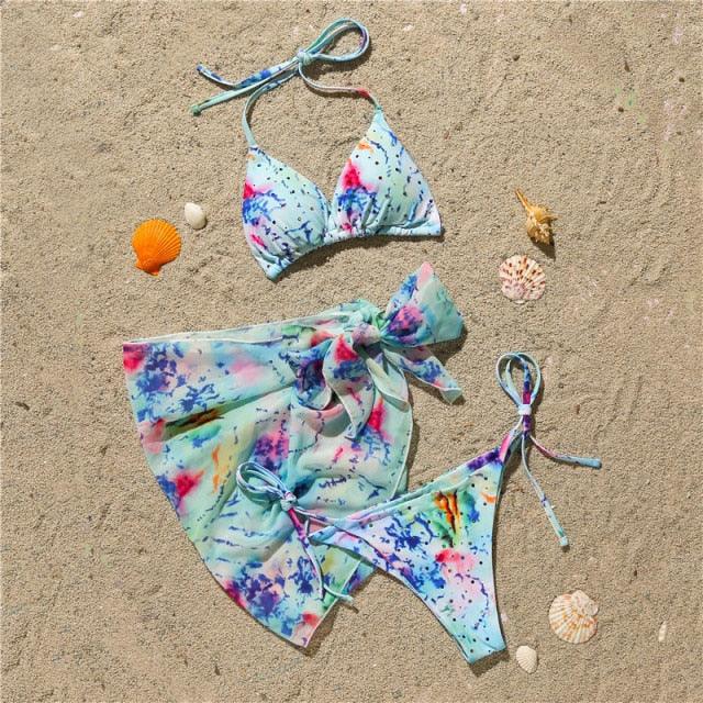 3 Piece Women Bikini Modern Swimsuit Women High Cut  Suit Halter Swimwear Women's Bikini Swimsuits With Wrap Skirt Lace Up Pieces Strings High Cut Bikini Set Bathing Suits Female Triangle Backless Bathing Suit - DEA collection