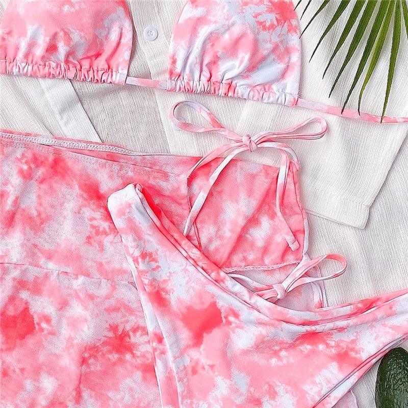 3 Piece Women Bikini Modern Swimsuit Women High Cut  Suit Halter Swimwear Women's Bikini Swimsuits With Wrap Skirt Lace Up Pieces Strings High Cut Bikini Set Bathing Suits Female Triangle Backless Bathing Suit - DEA collection