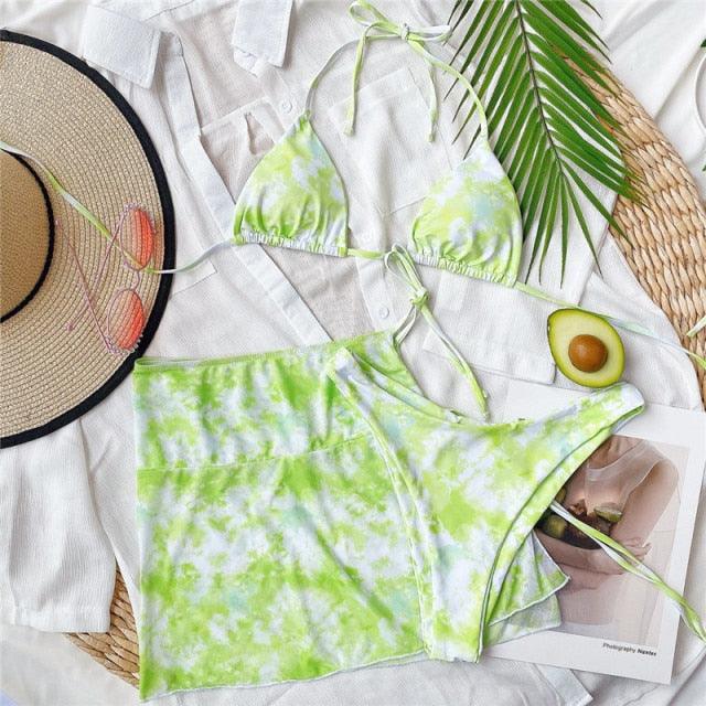 3 Piece Women Bikini Modern Swimsuit Women High Cut  Suit Halter Swimwear Women's Bikini Swimsuits With Wrap Skirt Lace Up Pieces Strings High Cut Bikini Set Bathing Suits Female Triangle Backless Bathing Suit - DEA collection