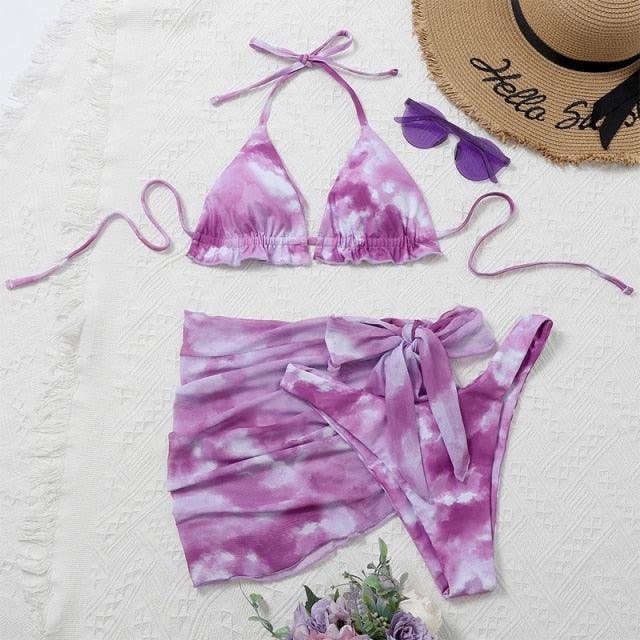 3 Piece Women Bikini Modern Swimsuit Women High Cut  Suit Halter Swimwear Women's Bikini Swimsuits With Wrap Skirt Lace Up Pieces Strings High Cut Bikini Set Bathing Suits Female Triangle Backless Bathing Suit - DEA collection