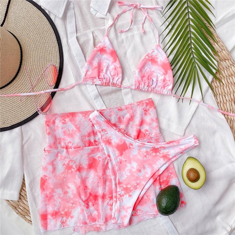 3 Piece Women Bikini Modern Swimsuit Women High Cut  Suit Halter Swimwear Women's Bikini Swimsuits With Wrap Skirt Lace Up Pieces Strings High Cut Bikini Set Bathing Suits Female Triangle Backless Bathing Suit - DEA collection