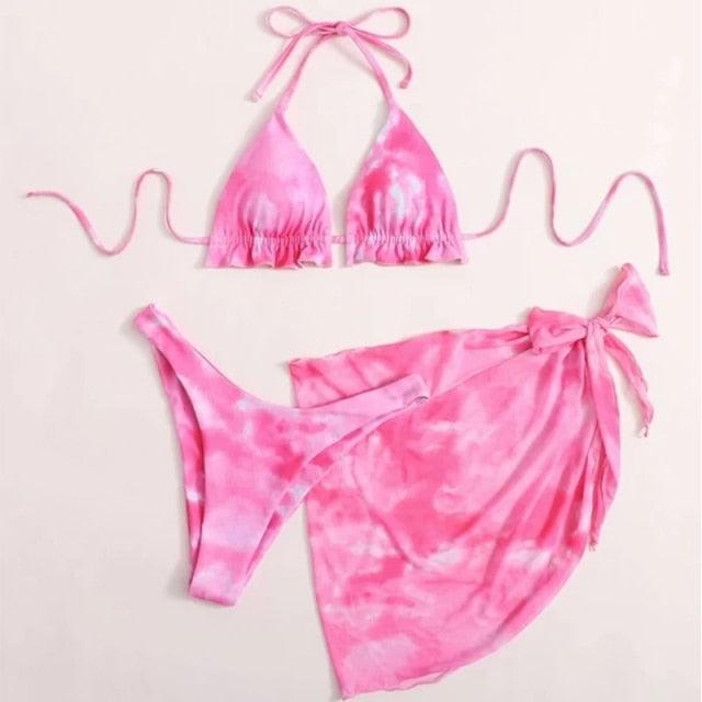 3 Piece Women Bikini Modern Swimsuit Women High Cut  Suit Halter Swimwear Women's Bikini Swimsuits With Wrap Skirt Lace Up Pieces Strings High Cut Bikini Set Bathing Suits Female Triangle Backless Bathing Suit - DEA collection