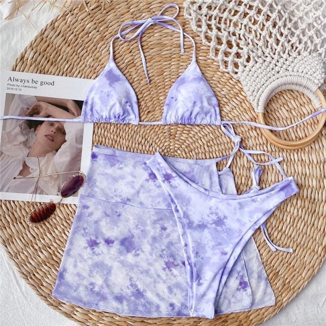 3 Piece Women Bikini Modern Swimsuit Women High Cut  Suit Halter Swimwear Women's Bikini Swimsuits With Wrap Skirt Lace Up Pieces Strings High Cut Bikini Set Bathing Suits Female Triangle Backless Bathing Suit - DEA collection
