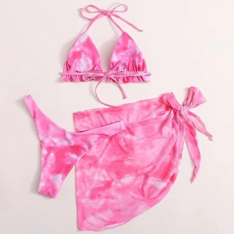 3 Piece Women Bikini Modern Swimsuit Women High Cut  Suit Halter Swimwear Women's Bikini Swimsuits With Wrap Skirt Lace Up Pieces Strings High Cut Bikini Set Bathing Suits Female Triangle Backless Bathing Suit - DEA collection