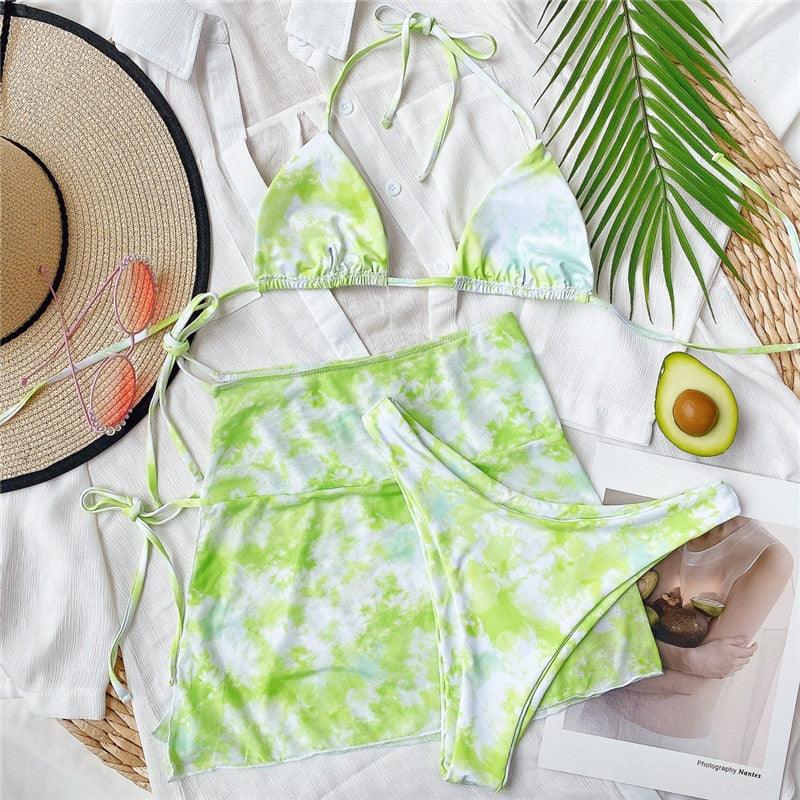 3 Piece Women Bikini Modern Swimsuit Women High Cut  Suit Halter Swimwear Women's Bikini Swimsuits With Wrap Skirt Lace Up Pieces Strings High Cut Bikini Set Bathing Suits Female Triangle Backless Bathing Suit - DEA collection