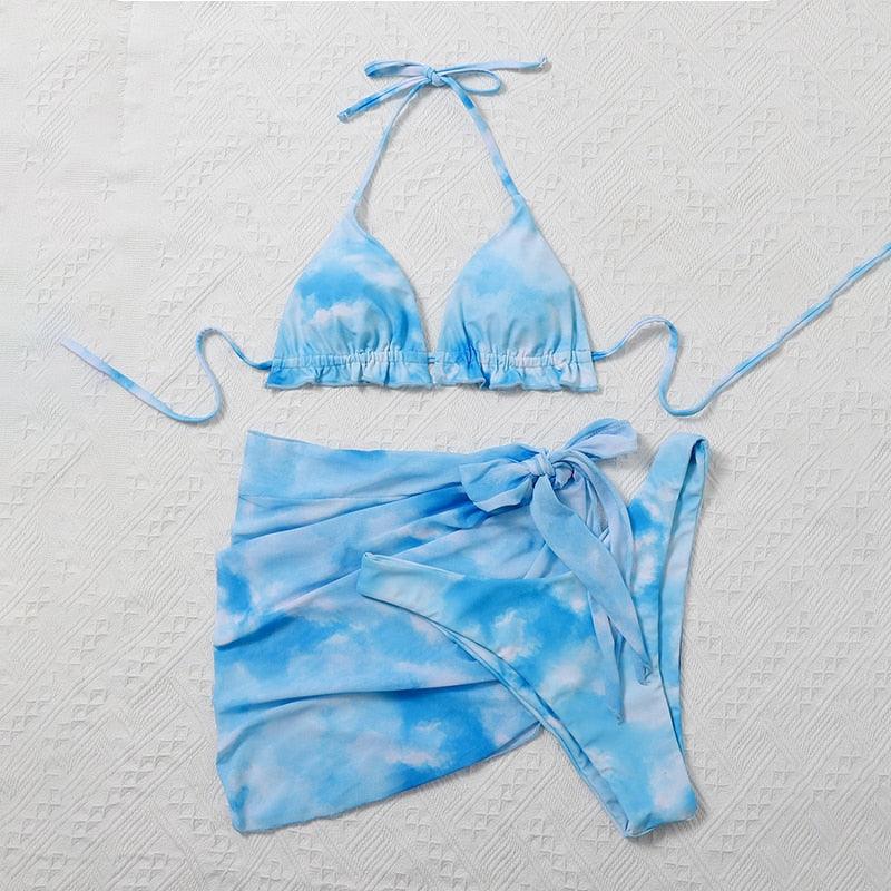 3 Piece Women Bikini Modern Swimsuit Women High Cut  Suit Halter Swimwear Women's Bikini Swimsuits With Wrap Skirt Lace Up Pieces Strings High Cut Bikini Set Bathing Suits Female Triangle Backless Bathing Suit - DEA collection