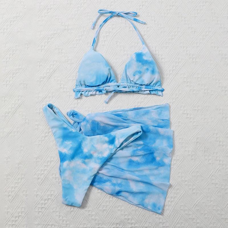 3 Piece Women Bikini Modern Swimsuit Women High Cut  Suit Halter Swimwear Women's Bikini Swimsuits With Wrap Skirt Lace Up Pieces Strings High Cut Bikini Set Bathing Suits Female Triangle Backless Bathing Suit - DEA collection