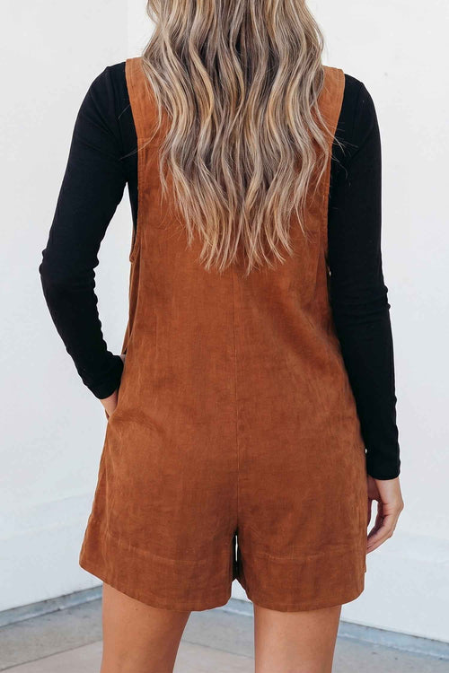 Cinnamon Solid Color Tie V Neck Sleeveless Corduroy Romper