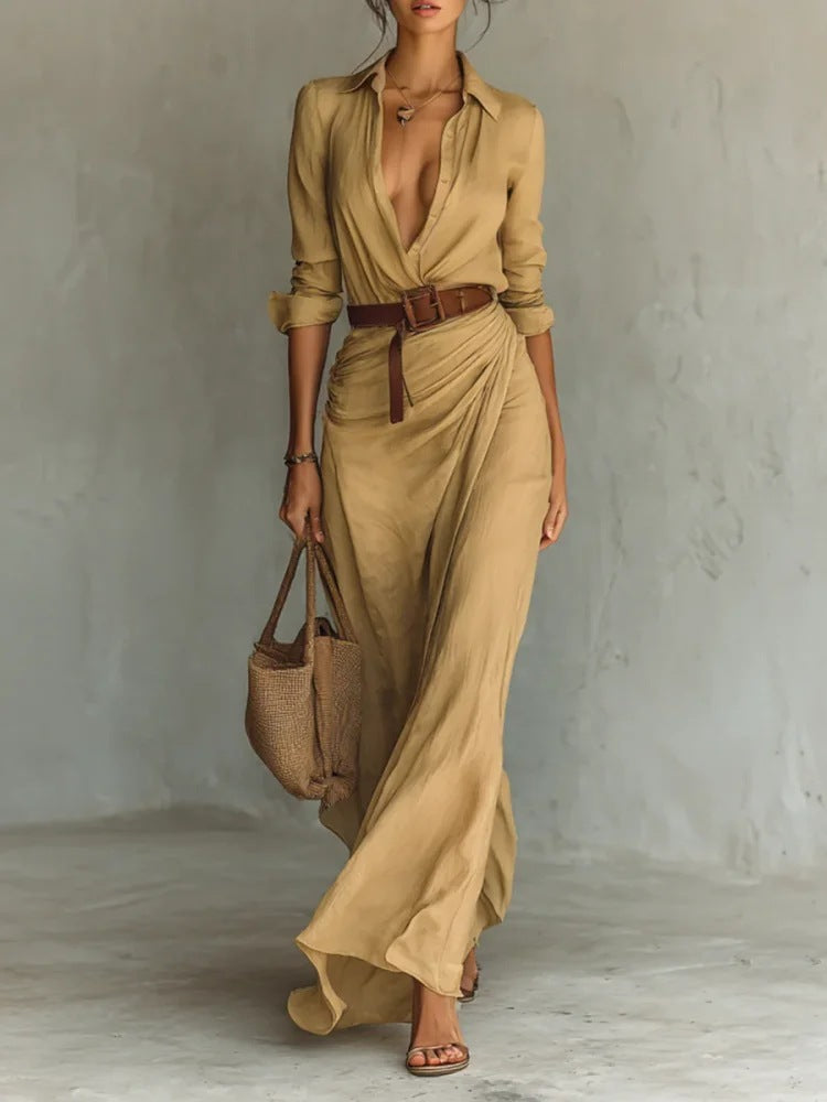 Irregular Long Dress With Belt Fashion And Elegant Button Lapel Long-sleeved Shirt Dresses Daily Office Commuting Clothing For Women - DEA collection