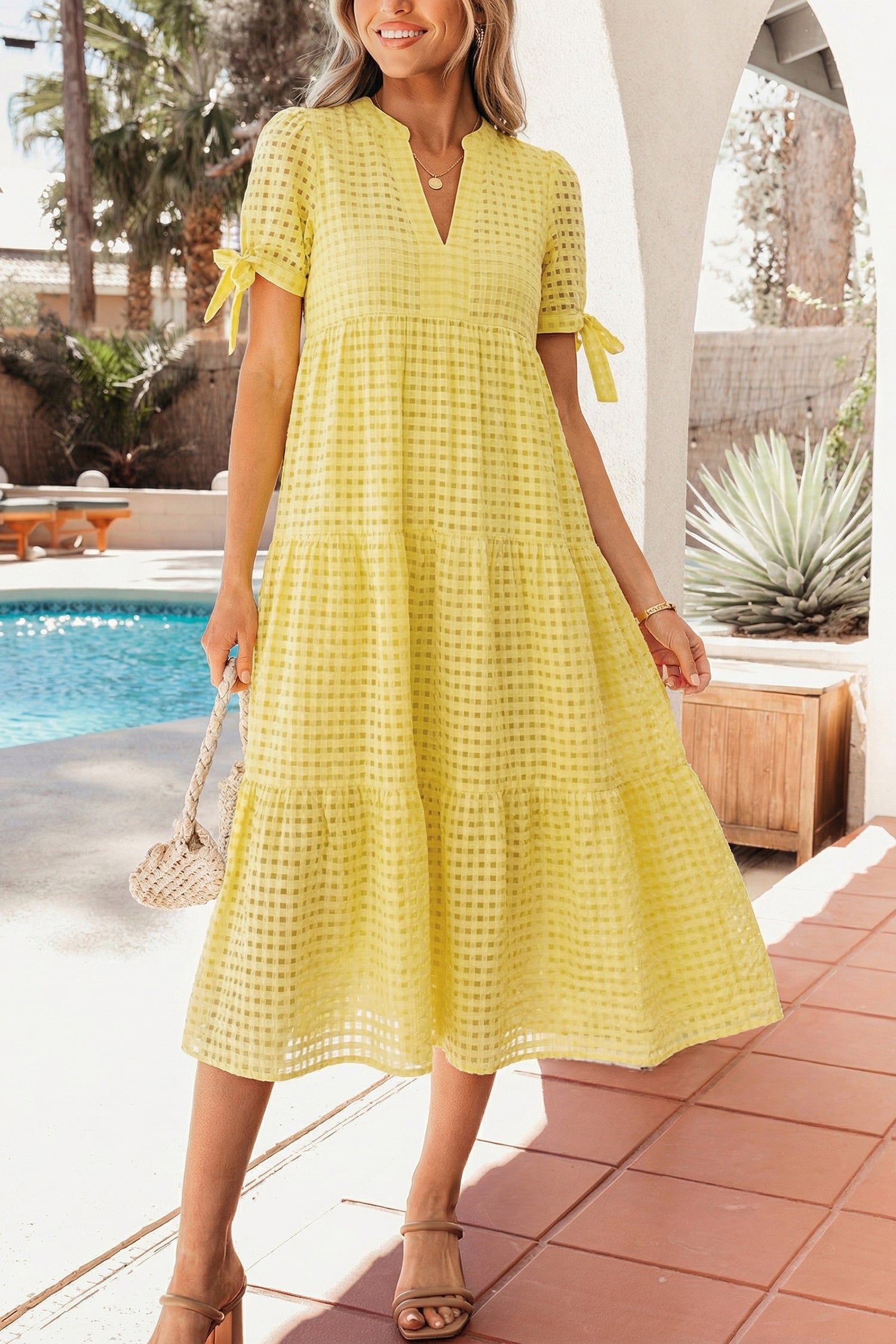 Gingham Bow Tie Tiered Midi Dress