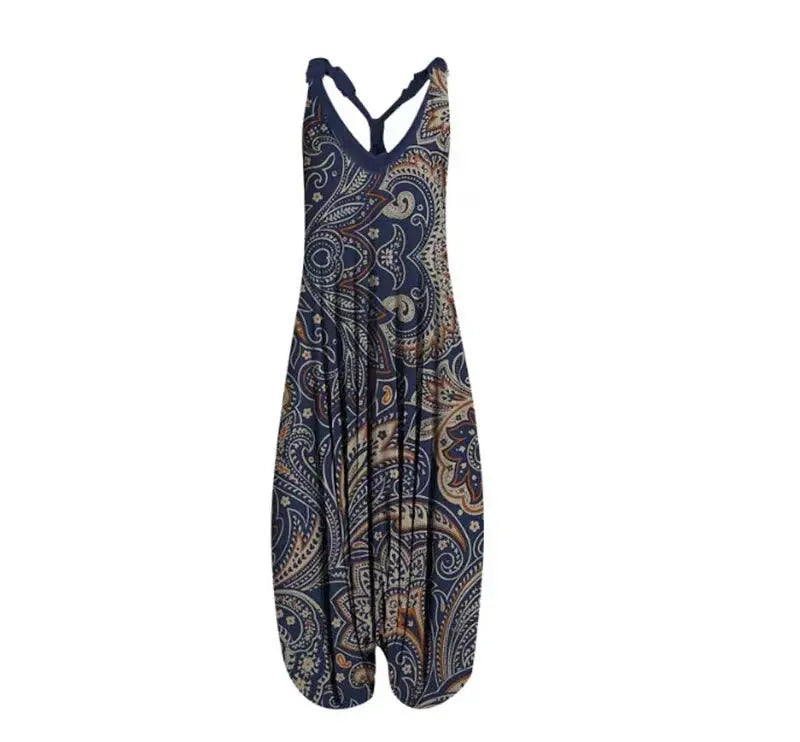 Casual SexyPrinted Sleeveless Loose Knit Cotton Blend Overalls Pants - DEA collection