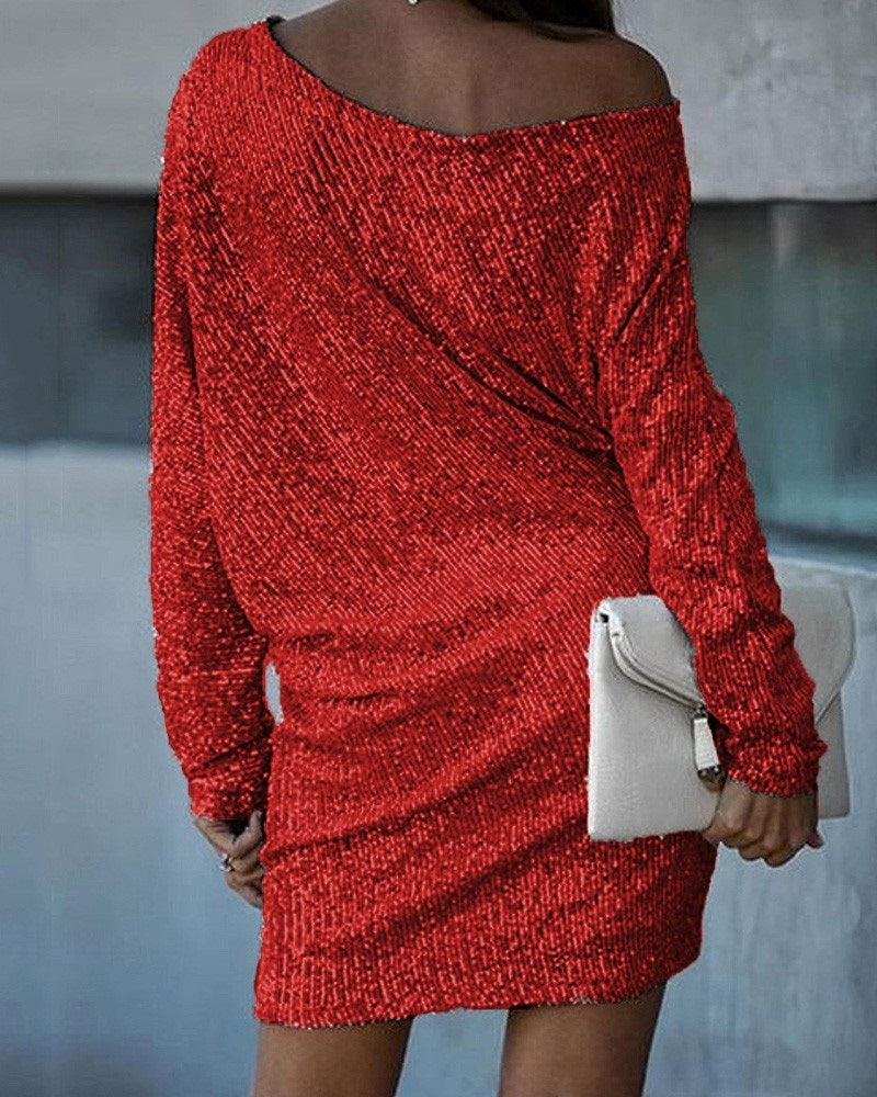 Fashion Oblique Shoulder Sequins Dress Ins Long-sleeved Dresses For Party Women's Clothing - DEA collection