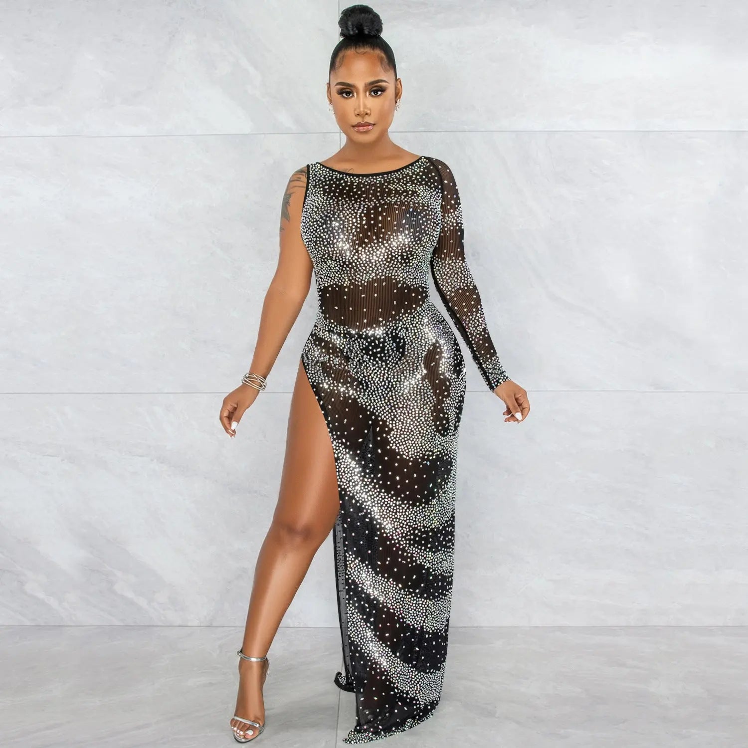 Rhinestone Single Long Sleeve Slit Maxi Dress - DEA collection