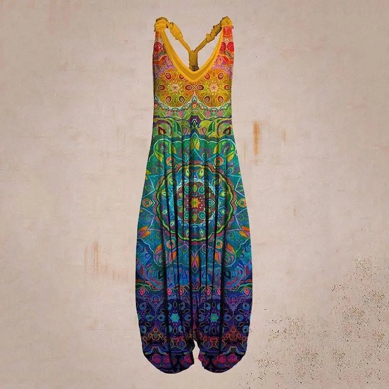 Casual SexyPrinted Sleeveless Loose Knit Cotton Blend Overalls Pants - DEA collection