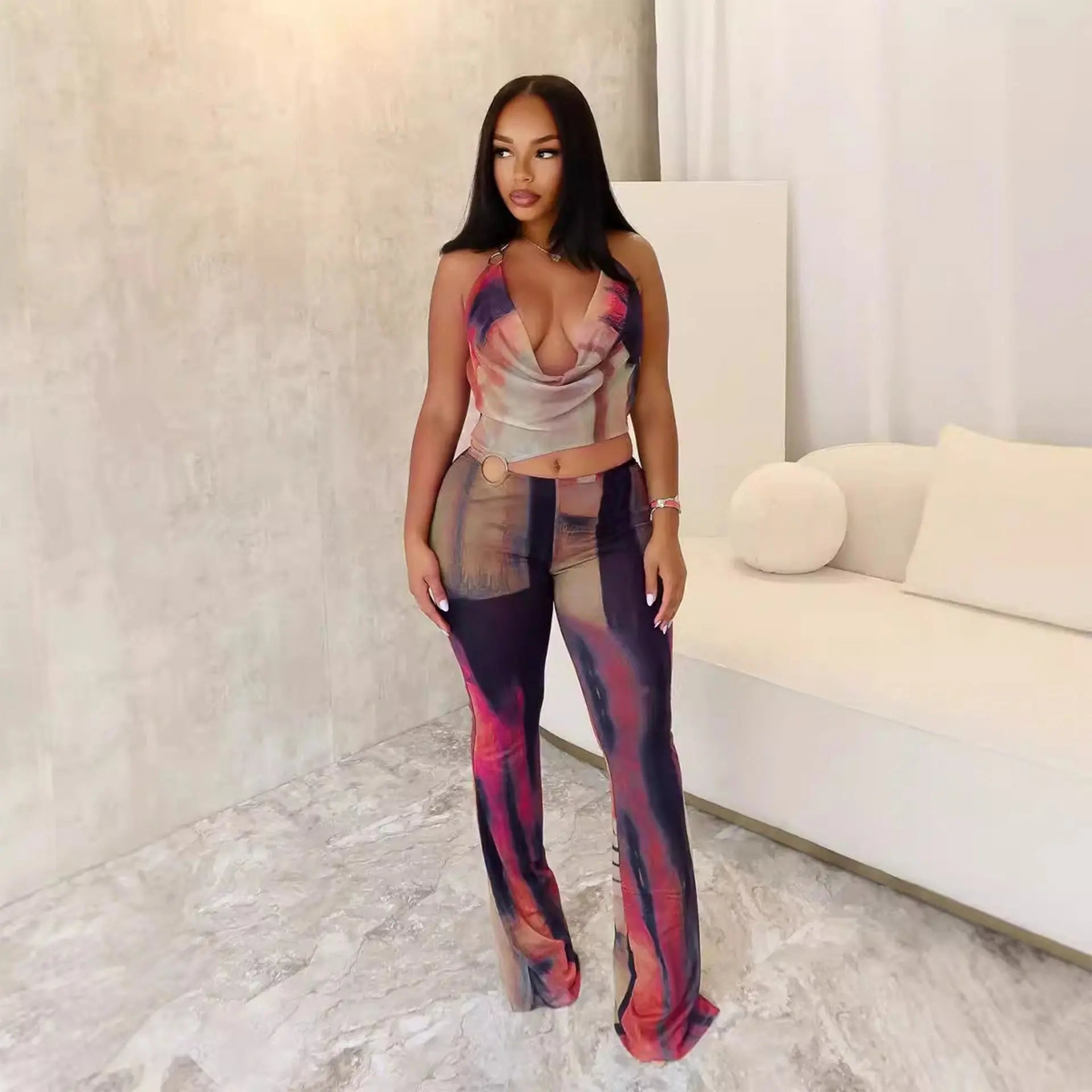 Sheer Mesh Printed Wide-Leg Jumpsuit - DEA collection